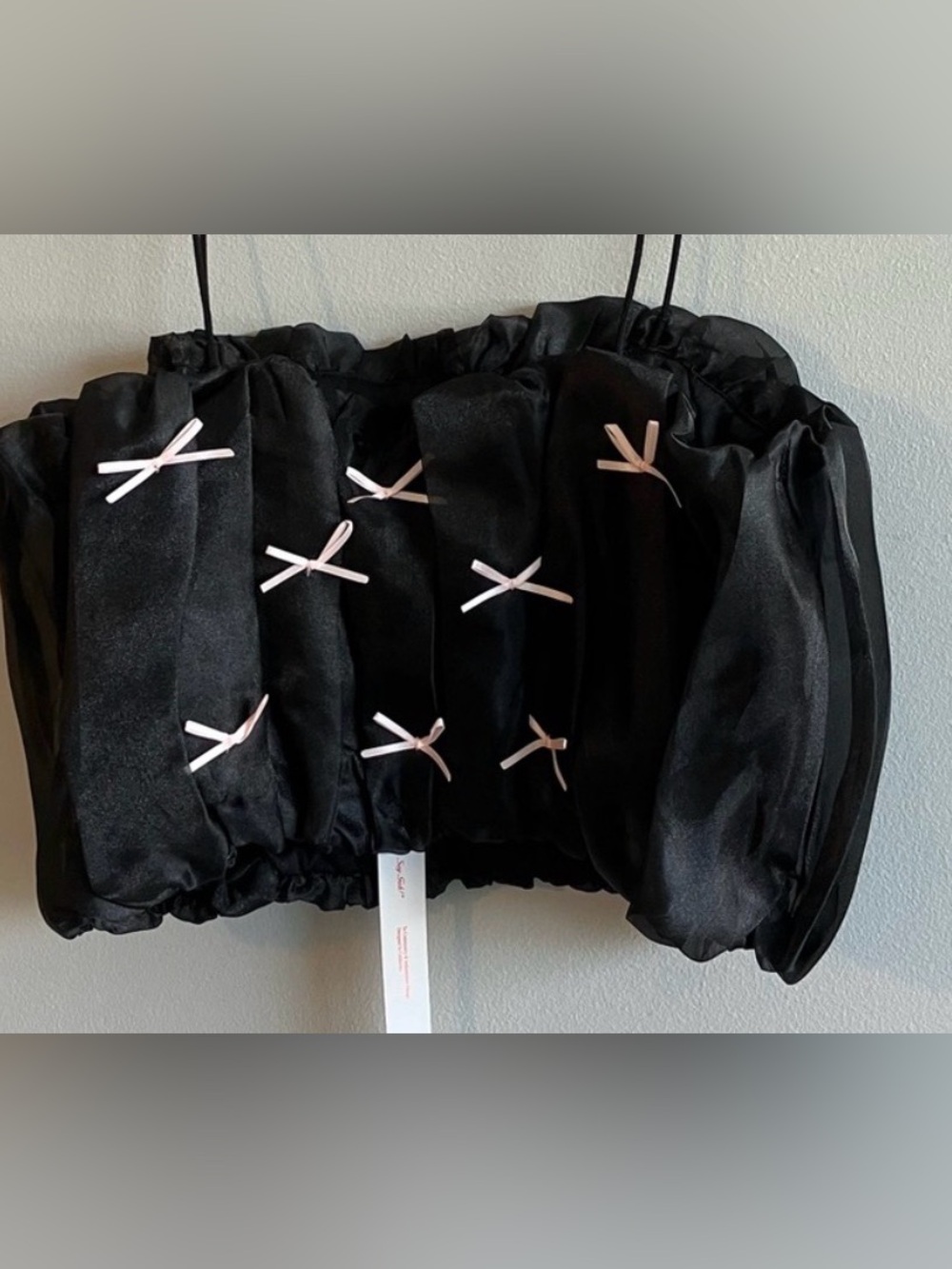 Lisa Says Gah Black Satin Cropped Top with Pale Pink Stitching - Picture 4 of 7